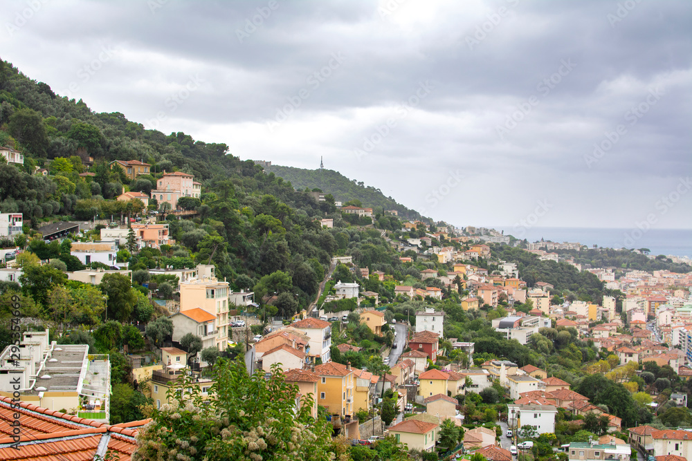 Beautiful view to the city of Nice in cloudy rainy day, France