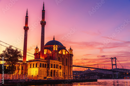 Photography Ortakoy Mosque at purple sunrise, Istanbul, Turkey