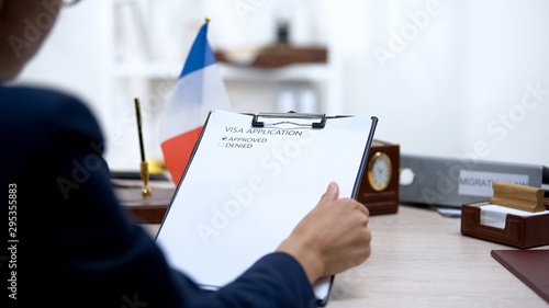 Embassy employee approving visa application, french flag on table, migration law