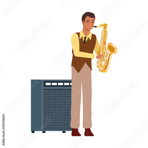 cartoon musician with sound amplifier and saxophone icon