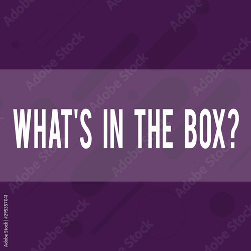 Handwriting text writing What S In The Box Question. Conceptual photo Curapp storeity Opening a gift Surprise package Oblong Geometric Shape Angle Pattern in Different Sizes in Violet Monochrome
