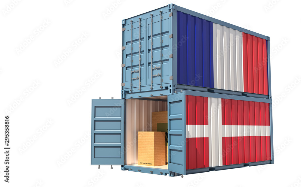 Fototapeta premium Two freight container with France and Denmark flag. Isolated on white - 3D Rendering