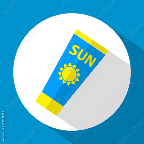 Sun Care. Sun Protection. Sunscreen tube flat icon blue and yellow color with long shadow. Flat design style. Vector illustration. EPS10.