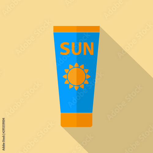 Sun Care. Sun Protection. Tube sunscreen flat icon blue and orange color with long shadow on light yellow background. Flat design style. Vector illustration. EPS10.