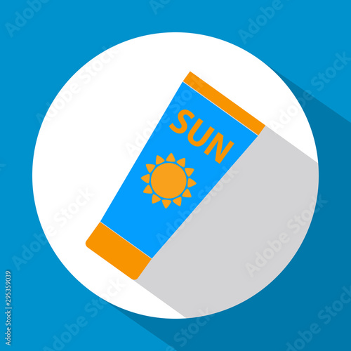 Sun Care. Sun Protection. Sunscreen tube flat icon blue and orange color with long shadow. Flat design style. Vector illustration. EPS10.
