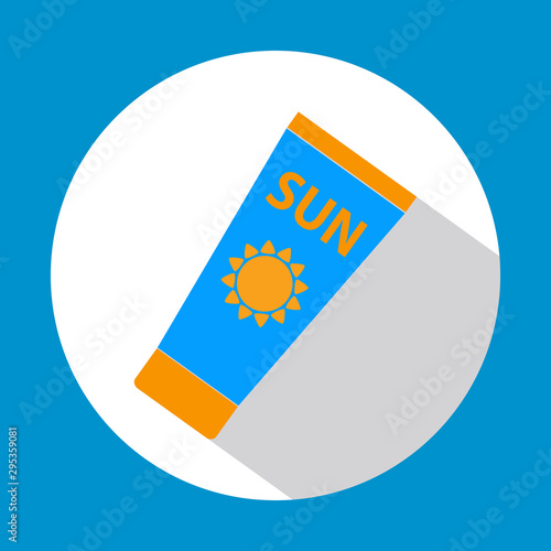 Sun Care. Sun Protection. Sunscreen tube flat icon blue and orange color with long shadow. Flat design style. Vector illustration. EPS10.