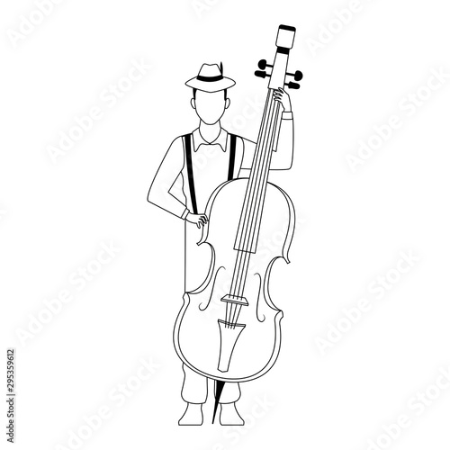 cartoon musician with cello instrument, flat design