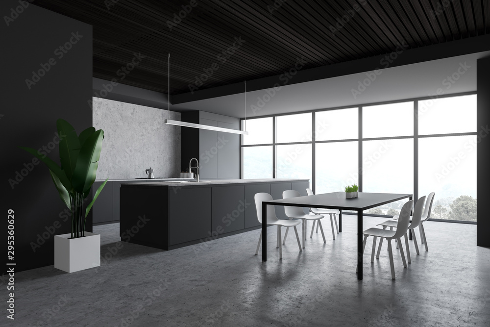 Fototapeta premium White and gray kitchen corner, table and island
