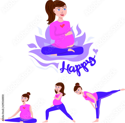 Pregnant woman doing yoga, healthy lifestyle and relaxation, exercises for pregnant women, vector  illustration. Happy and healthy pregnancy concept isolated.