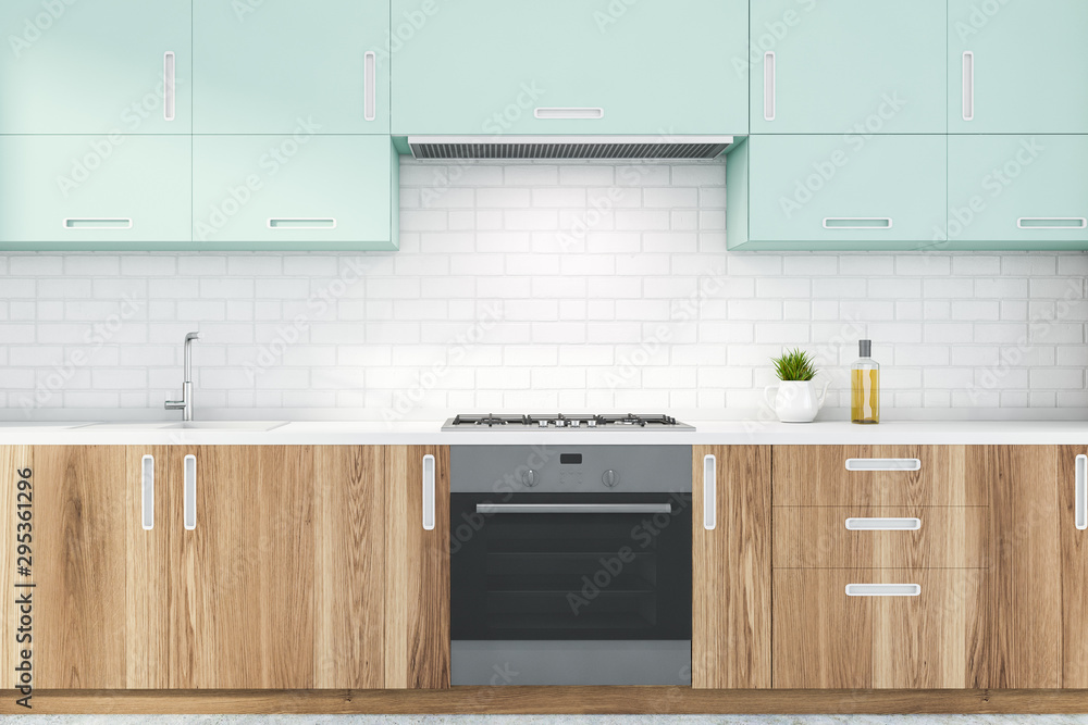 White brick kitchen with wooden countertops