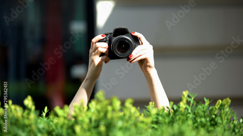 Obraz na plátně Woman hands holding photo camera behind park bush, private detective, spying