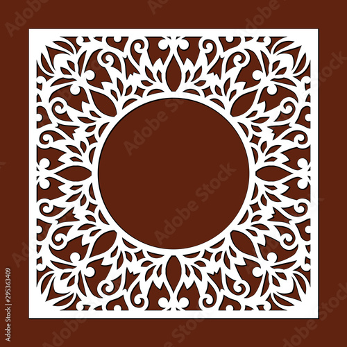 Ornamental valentines round frame, lace border. Laser cut template for wedding invitation. Envelope, greeting card with abstract floral ornament. Vector cutting. Openwork silhouette with lacy ornament