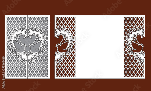Laser cutting template of openwork vector silhouette. Gate fold wedding invitation card. Envelope with dove birds, leaves and lattice with ogee ornament. Wall panels with decorative design pattern.