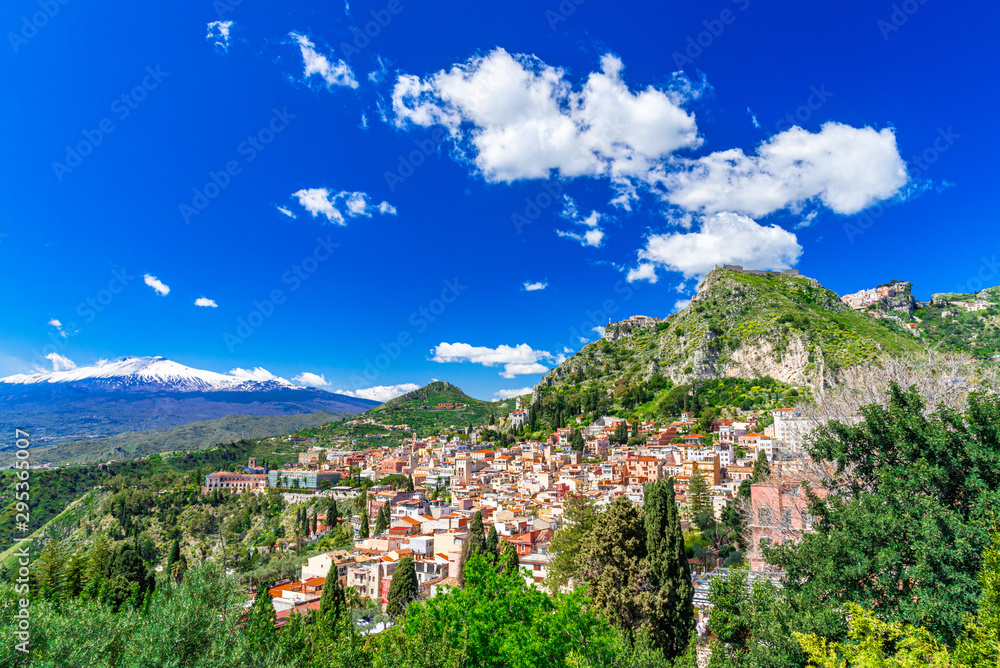 Taormina, Sicily, Italy: Panoramic view from the top of the Greek Theater, Giardini-Naxos with the Etna and Taormina
