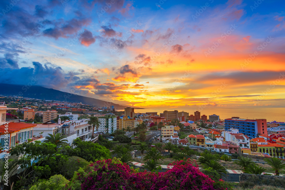 Puerto de la Cruz, Tenerife, Canary islands, Spain: View over the city at the sunset time