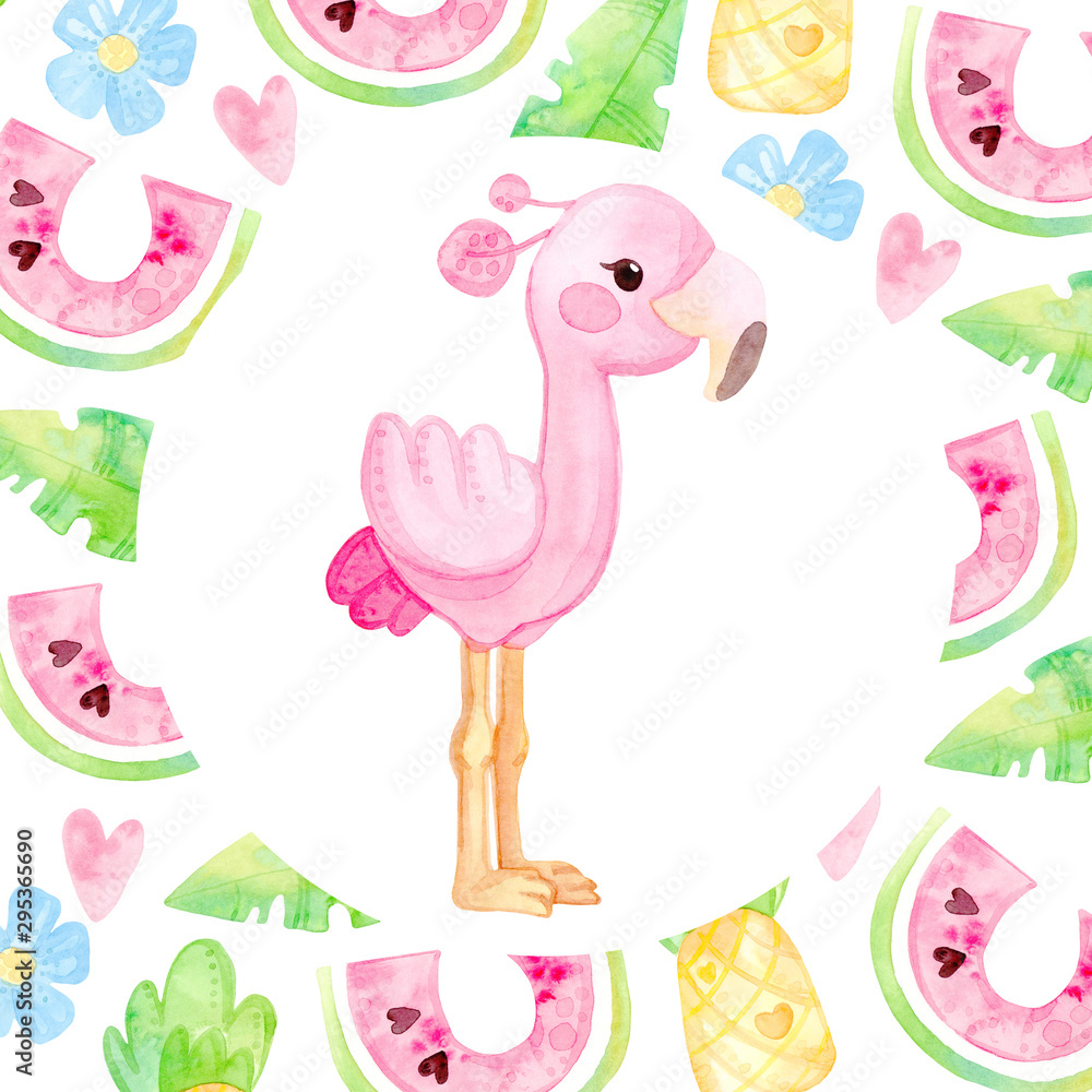 Cute cartoon illustration. Hand drawn watercolor. Round frame of tropical pink flamingos, watermelon, pineapple flowers. Template for postcard. Cute cartoon illustration. Hand drawn watercolor. Round frame of tropical pink flamingos, watermelon, pineapple flowers. Template for postcard.