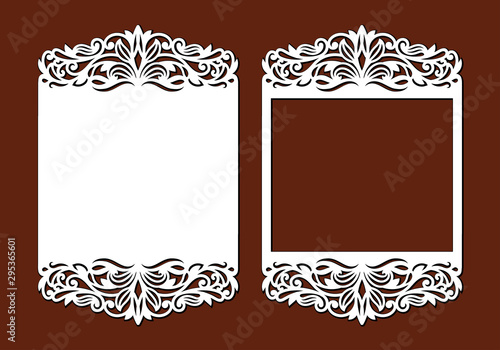 Laser cutting template of openwork vector silhouette. Wedding invitation card with lace border at vintage style. Envelope with ornate abstract ornament. Decorative design pattern for holiday party.