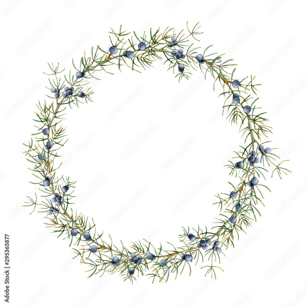Watercolor winter wreath with juniper branch. Hand painted berries and leaves composition isolated on white background. Holiday floral illustration for design, print or background. Watercolor winter wreath with juniper branch. Hand painted berries and leaves composition isolated on white background. Holiday floral illustration for design, print or background.