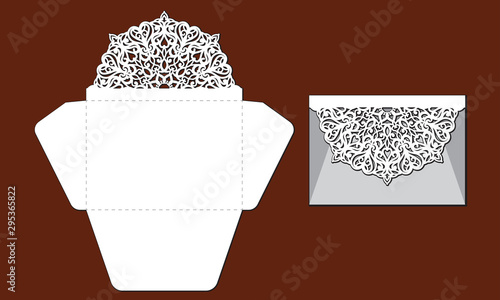 Laser cut template of openwork vector silhouette. For wedding invitation card with lace border at vintage style. Envelope with ornate abstract ornament. Decorative design pattern for holiday party.