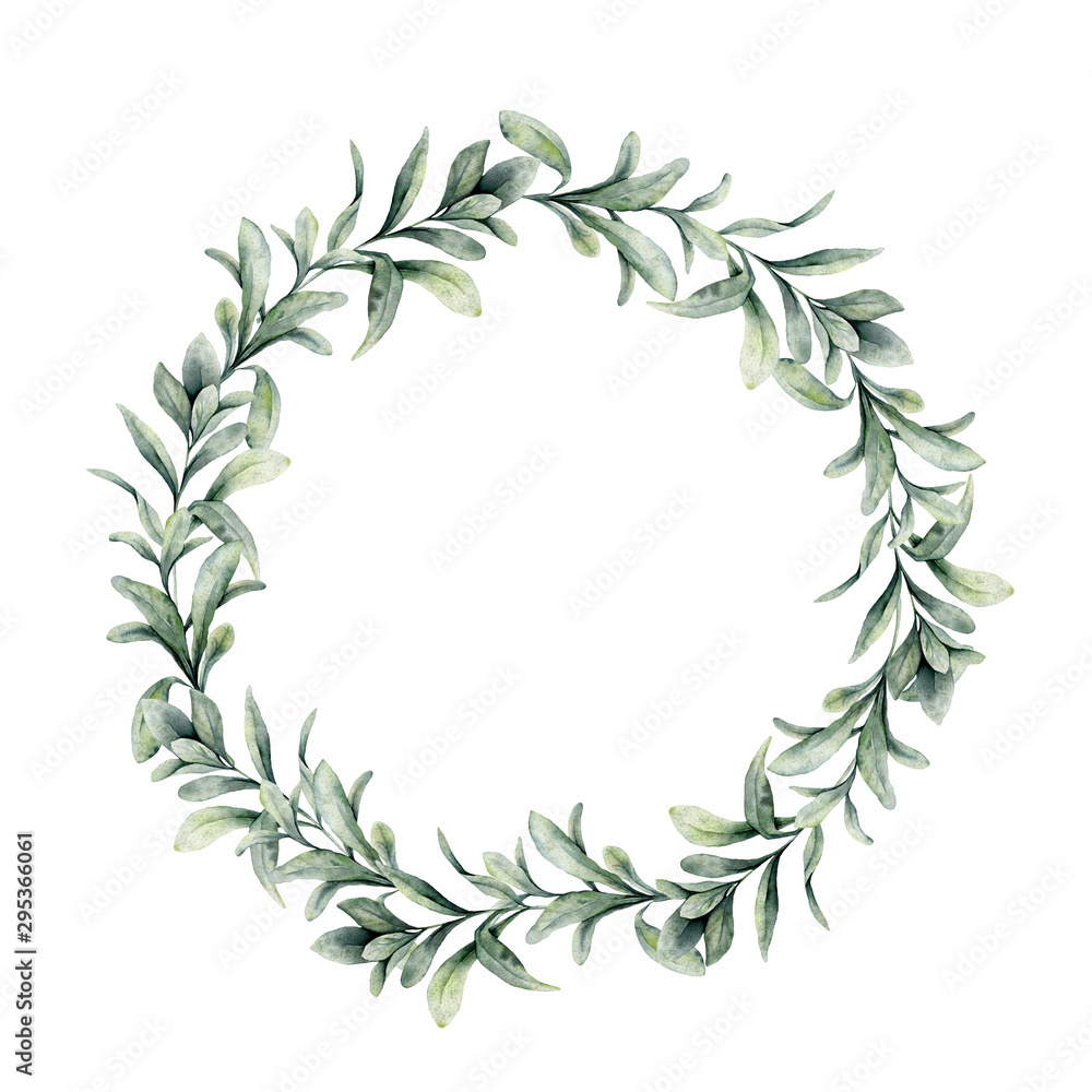 Watercolor winter wreath with lambs ears branch. Hand painted green woolly hedgenettle leaves composition isolated on white background. Holiday floral illustration for design, print or background.