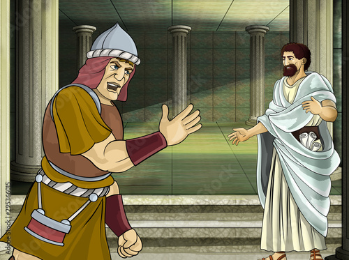 cartoon scene with roman or greek warrior - ancient character near some ancient building like temple illustration for children