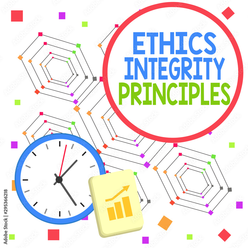 Handwriting text Ethics Integrity Principles. Conceptual photo quality of being honest and having strong moral Layout Wall Clock Notepad with Escalating Bar Graph and Arrow Pointing Up Handwriting text Ethics Integrity Principles. Conceptual photo quality of being honest and having strong moral Layout Wall Clock Notepad with Escalating Bar Graph and Arrow Pointing Up