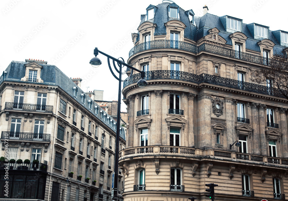 houses on french streets of Paris. citylife concept, black balcony lace