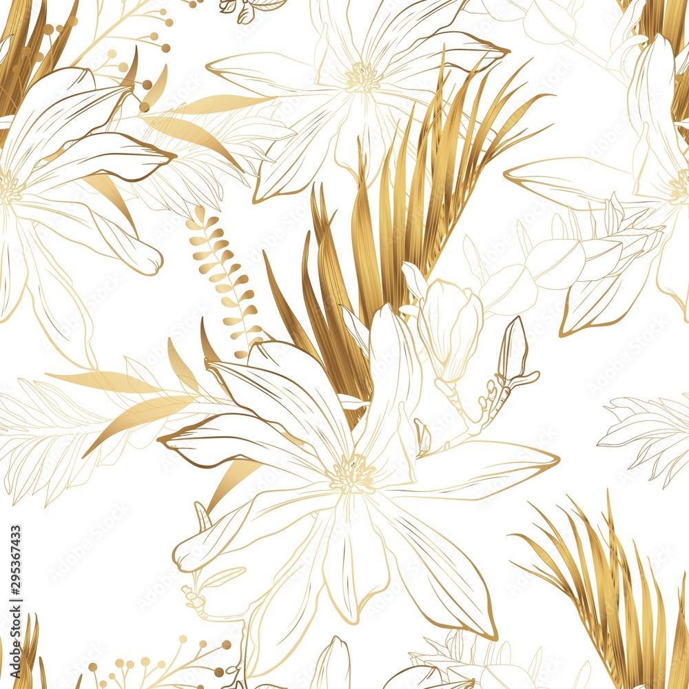 Tropical exotic floral golden line palm leaves and magnolia flowers seamless pattern, white background. Exotic jungle wallpaper. Tropical exotic floral golden line palm leaves and magnolia flowers seamless pattern, white background. Exotic jungle wallpaper.