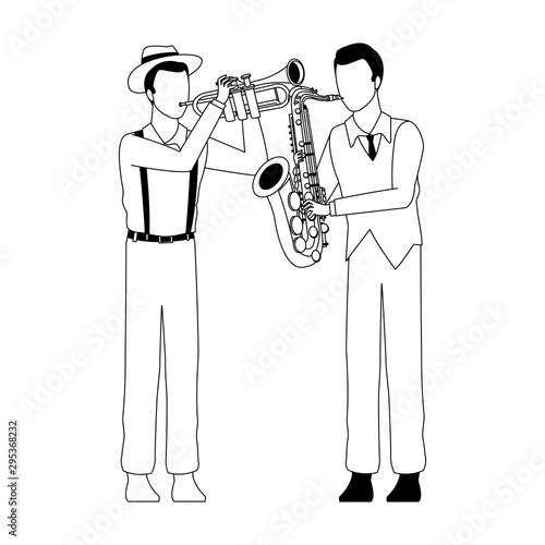 cartoon saxophonist and trumpeter, flat design