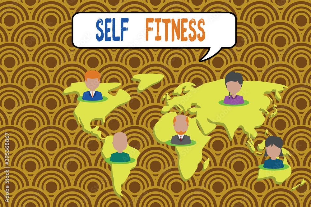 Conceptual hand writing showing Self Fitness. Concept meaning state of health and wellbeing and the ability to perform Connection multiethnic persons all Global business earth map