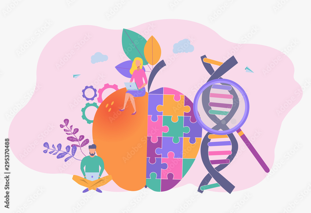 Obraz premium People study genetically modified foods, genetically modified foods, the concept of genetically engineered foods. Bioengineering, biotechnology. Nutritional supplements.