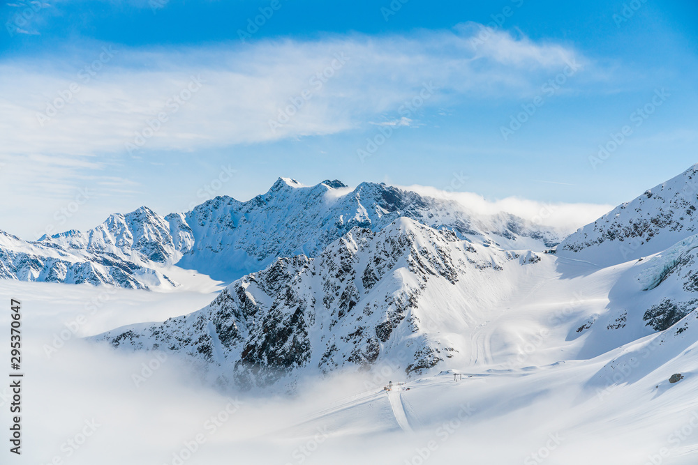 Panorama of ski runs on the Kaunertal glacier in Austria. - obrazy, fototapety, plakaty 