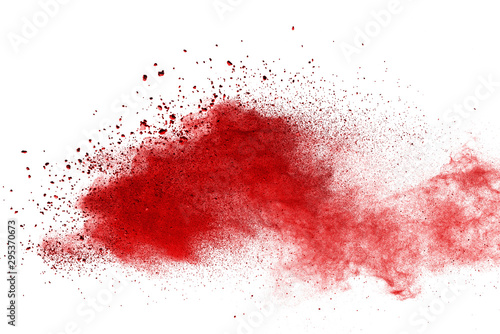 Red powder explosion on white background. Colored cloud. Colorful dust explode. Paint Holi.