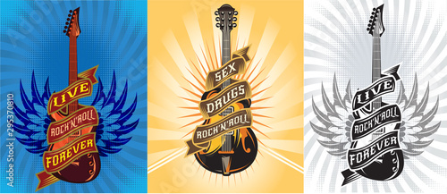Vector set of illustrations with guitar, tape and text