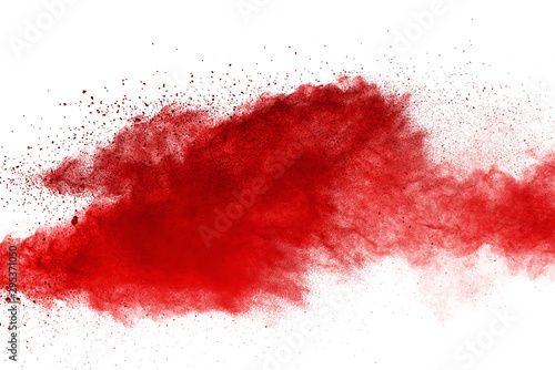 Red powder explosion on white background. Colored cloud. Colorful dust explod...