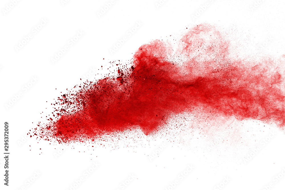 Red powder explosion on white background. Colored cloud. Colorful dust explode. Paint Holi.