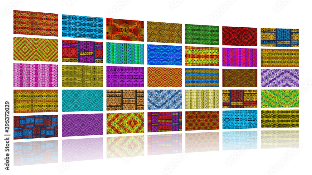 Wall of African fabrics, white background
