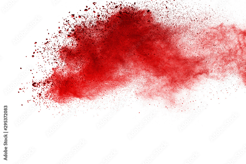 Red powder explosion on white background. Colored cloud. Colorful dust explode. Paint Holi. - obrazy, fototapety, plakaty 