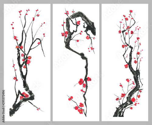 Set of sakura blossom branches. Pink and red stylized flowers of plum mei and  wild cherry . Watercolor and ink illustration of tree in style sumi-e, go-hua,  u-sin. Oriental traditional painting. .