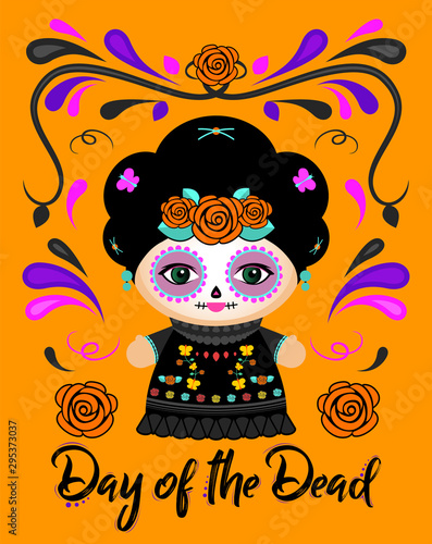 Day of the Dead Classic Mexican Catrina Doll and ornaments vector illustration.