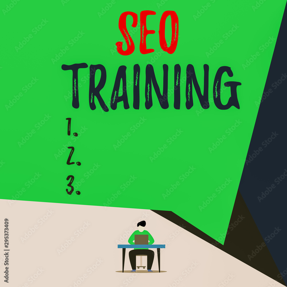 Handwriting text Seo Training. Conceptual photo learn specific knowledge improve perforanalysisce in current roles View young man sitting chair desk working open laptop geometric background Handwriting text Seo Training. Conceptual photo learn specific knowledge improve perforanalysisce in current roles View young man sitting chair desk working open laptop geometric background