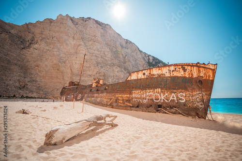 Close up of Ship Wreck beach at the Navagio beach. The most famous natural landmark of Zakynthos, Greek island in the Ionian Sea.
