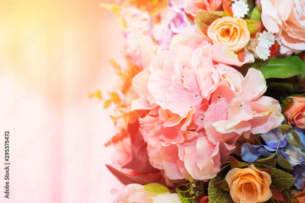 Bouquet of roses and color flowers decor close up.