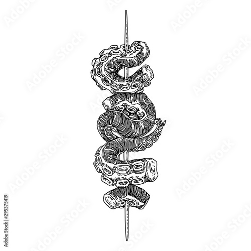 Chinese food. Tentacles of octopus on a skewer. Sketch. Engraving style. Vector illustration.