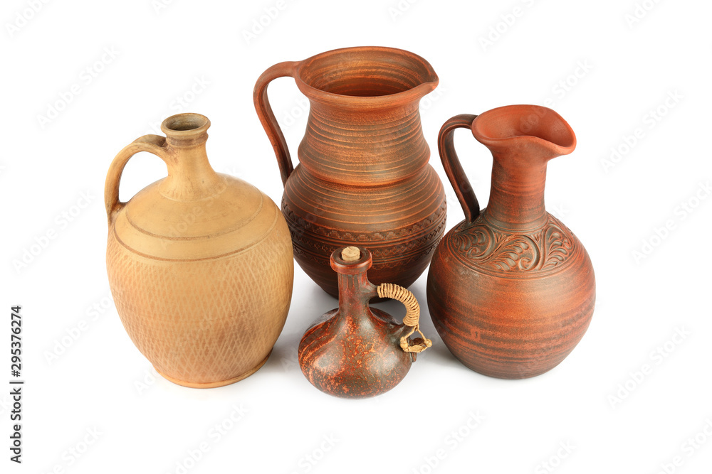Set of ceramic pot - kitchen retro equipment of cooking isolated on white background.