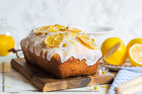lemon drizzle cake, decorated with sugar icing