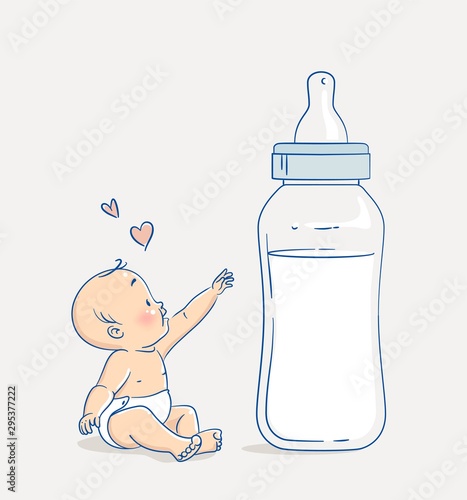 Cute baby boy sitting on floor and reaching out to a huge bottle of milk. Cartoon vector illustration