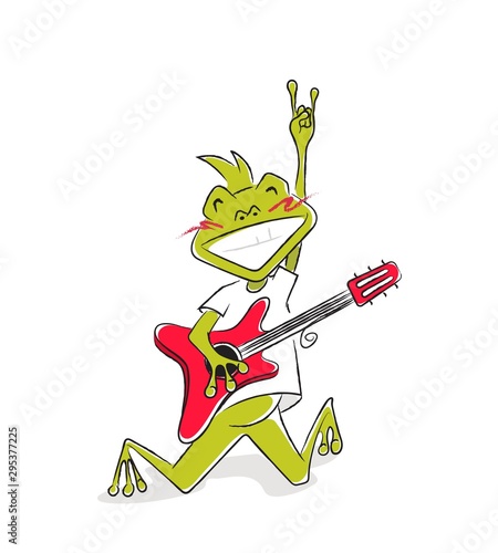 Funny cartoon rock star frog with guitar and rock n roll sign. Vector illustration