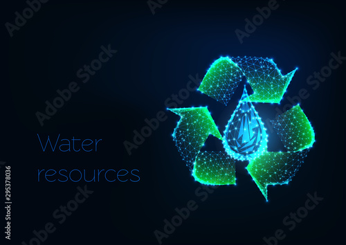 Futuristic glowing low polygonal green recycle sign with water drop on dark blue background.