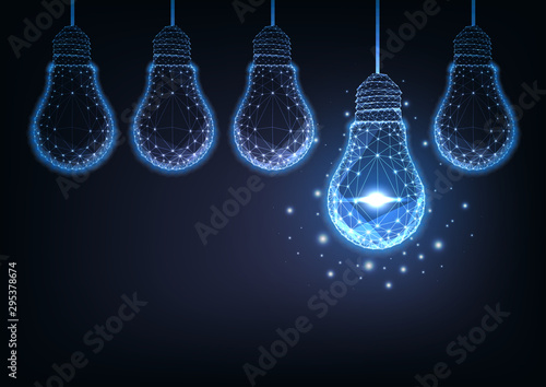 Futuristic raw of glowing low polygonal electric light bulbs on dark blue background.